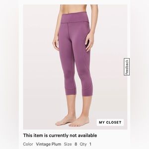 Lululemon In Movement Crop 19” size 8 in Vintage Plum